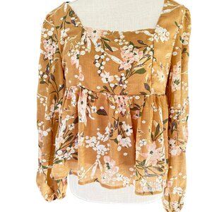 Altar’d State Floral Peplum Top Brown Gold Metallic Dots Size Large